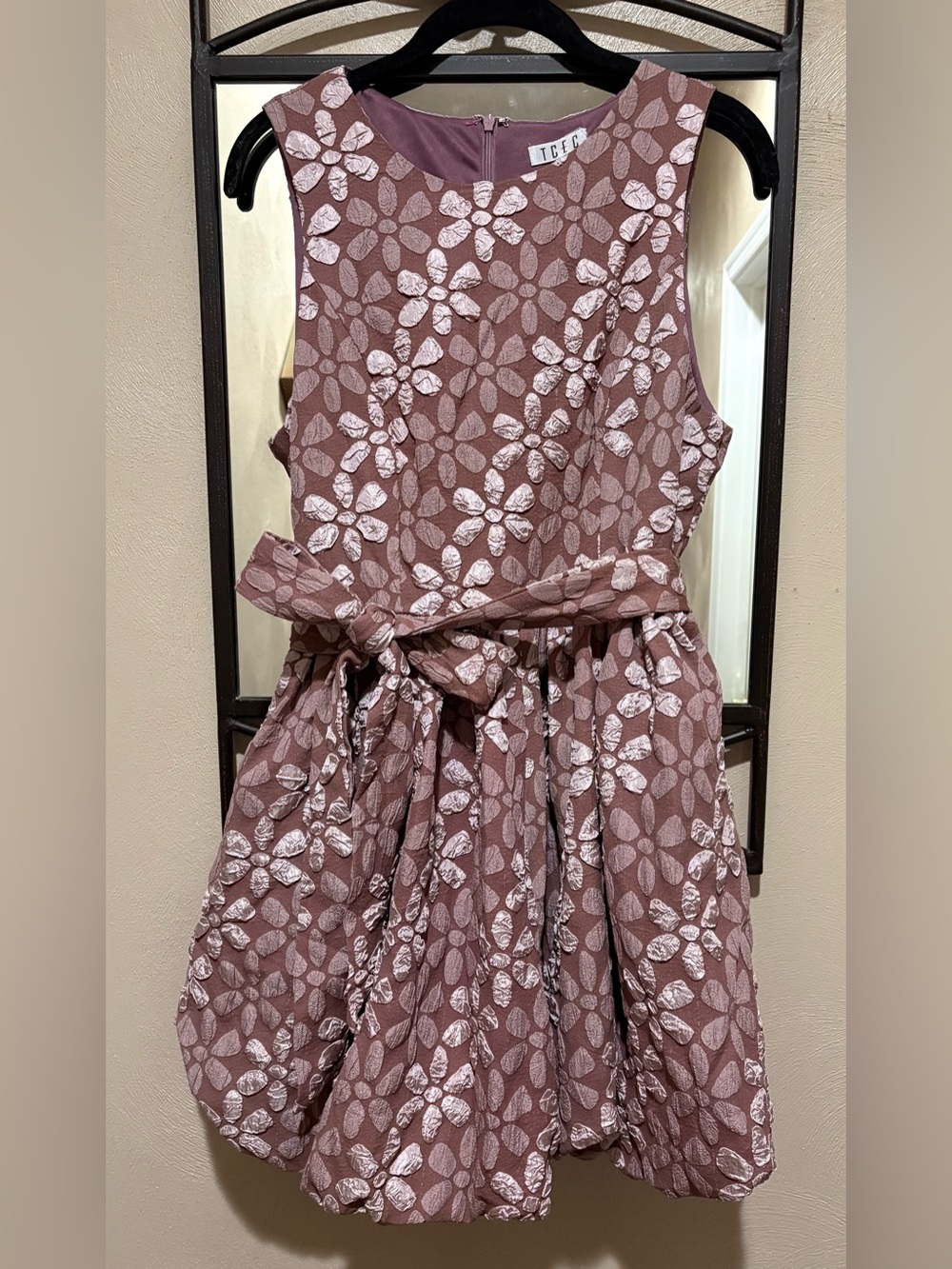 NWT TCEC Mauve Pink Floral Jacquard Party Dress with Bow Sash Size L